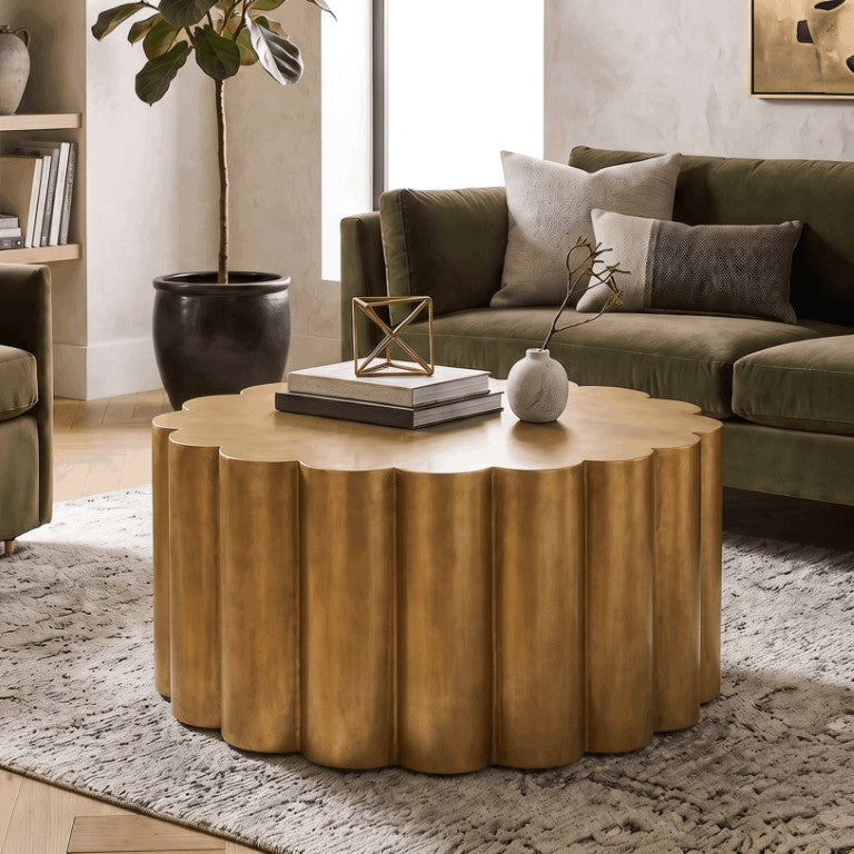English Elm Ct-301 Scalloped Round Aluminum Coffee Table with Antique Gold Finish for Living Room B009P477768