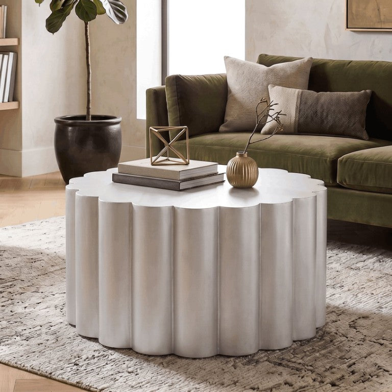 English Elm Ct-301 Sculptural Aluminum Round Coffee Table with Scalloped Body and Antique Silver Finish B009P477770