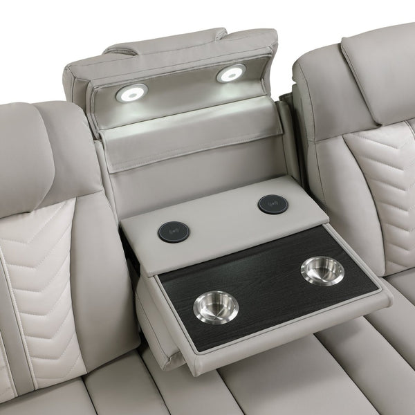 English Elm Cruiser Theater Power Reclining Sofa with Massage Led Lighting and Drop Down Table Light Gray and Ice B009P483545