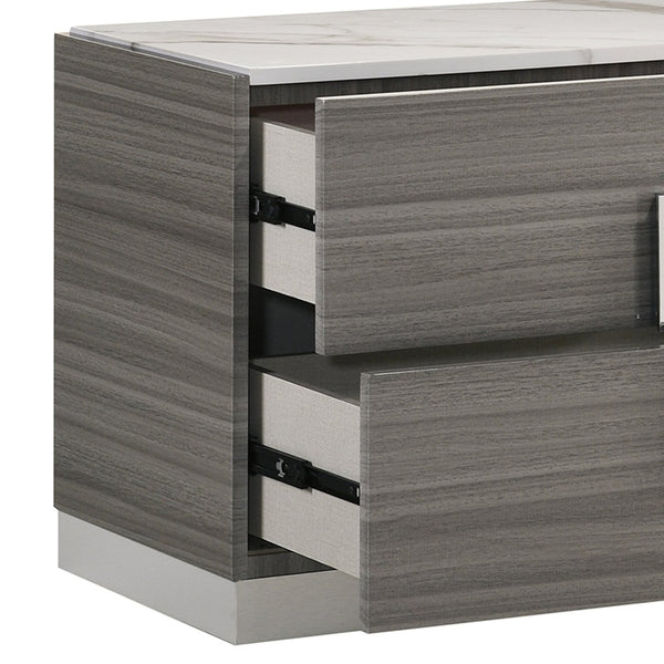 English Elm Altima Two Drawer Nightstand Faux Marble Top Gray Maple Lacquer Modern Bedroom B009P486916