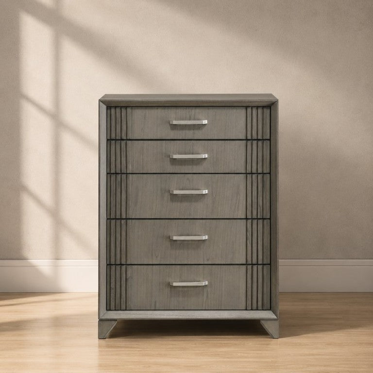 English Elm Hugo Tall Bedroom Chest with Full Extension Drawers and Rubberwood Frame in Modern Style Gray B009P504980