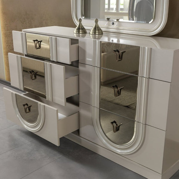 English Elm Lesli Six Drawer Dresser with Mirrored Panels Lacquer Finish and Soft Close Storage B009P537825