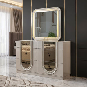 English Elm Lesli Six Drawer Dresser with Mirrored Panels Lacquer Finish and Soft Close Storage B009P537825