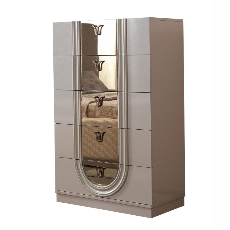English Elm Lesli Mirrored 5 Drawer Tall Chest with Lacquer Finish and Soft Close Storage B009P537828