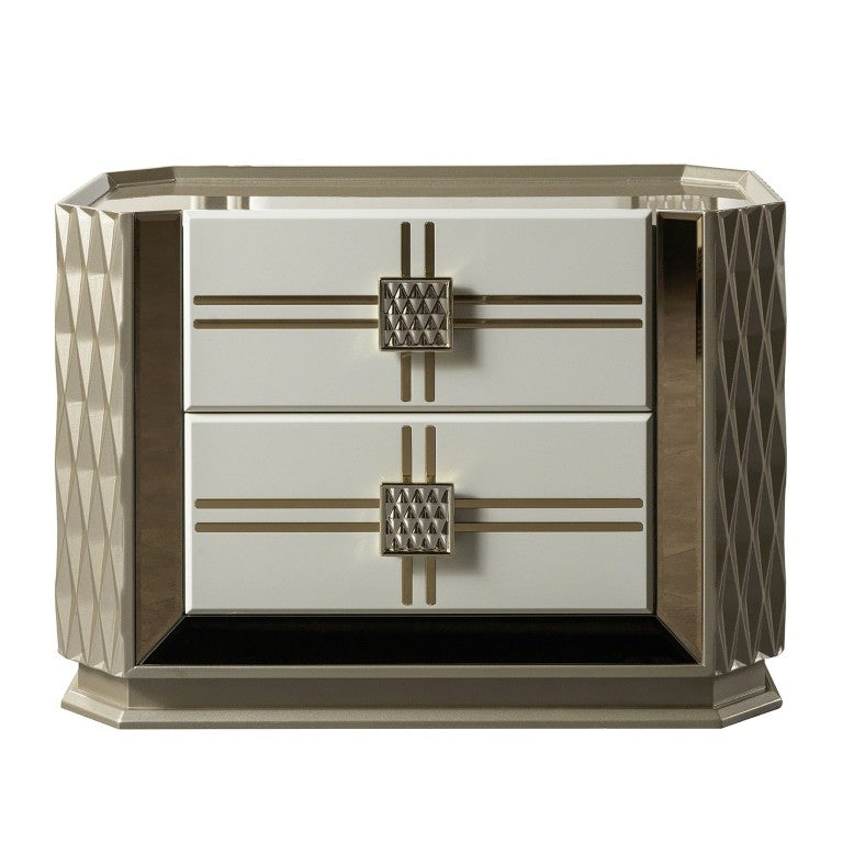 English Elm Latoya Two Drawer Nightstand with Champagne Trim and Geometric Textured Panels B009P537847