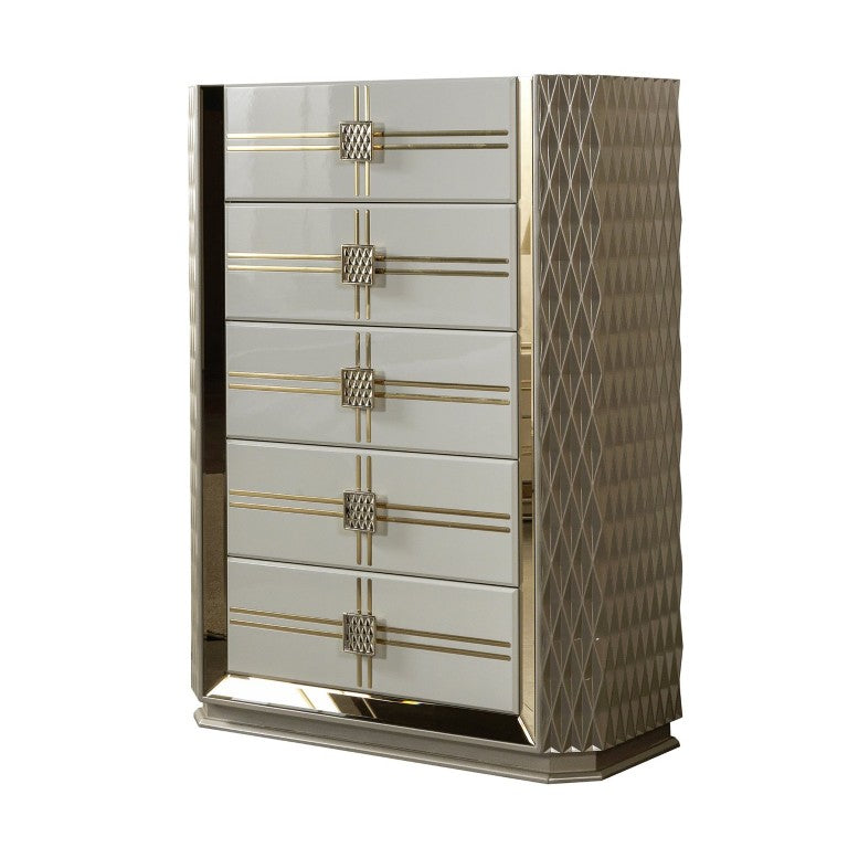 English Elm Latoya Five Drawer Tall Chest with Geometric Panels and Champagne Metallic Accents B009P537848