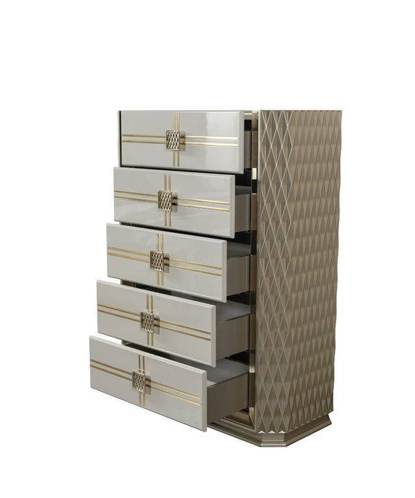 English Elm Latoya Five Drawer Tall Chest with Geometric Panels and Champagne Metallic Accents B009P537848