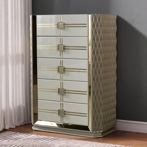 English Elm Latoya Five Drawer Tall Chest with Geometric Panels and Champagne Metallic Accents B009P537848