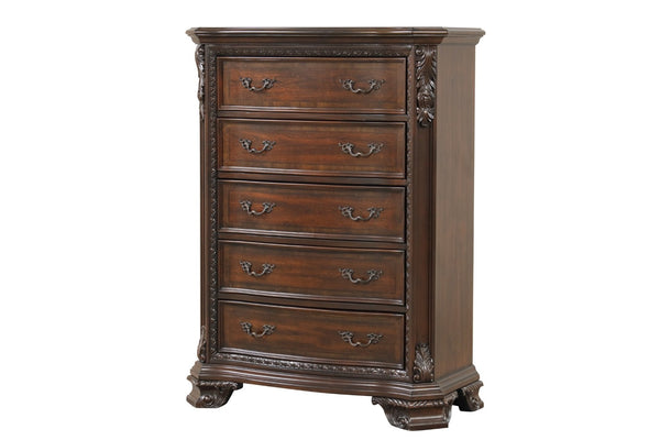 English Elm Traditional Walnut King Bedroom Set with Hand-carved Solid Wood Detailing Five Pieces B009S01352