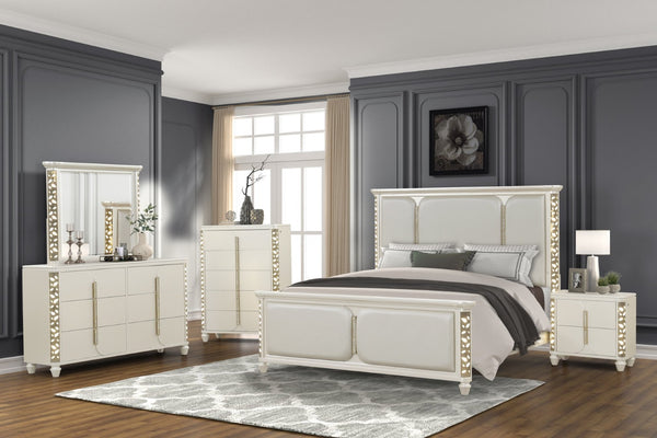 English Elm Cinderella Queen Bedroom Set with Led Lighting Gold Hardware and Beige Upholstered Bed B009S02150