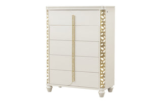 English Elm Cinderella Queen Bedroom Set with Led Lighting Gold Hardware and Beige Upholstered Bed B009S02150