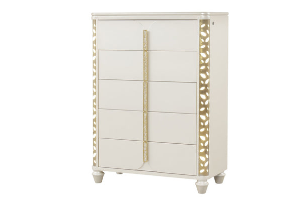 English Elm Cinderella Queen Bedroom Set with Led Lighting Gold Hardware and Beige Upholstered Bed B009S02150
