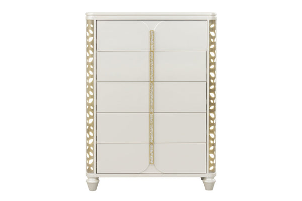 English Elm Cinderella Queen Bedroom Set with Led Lighting Gold Hardware and Beige Upholstered Bed B009S02150