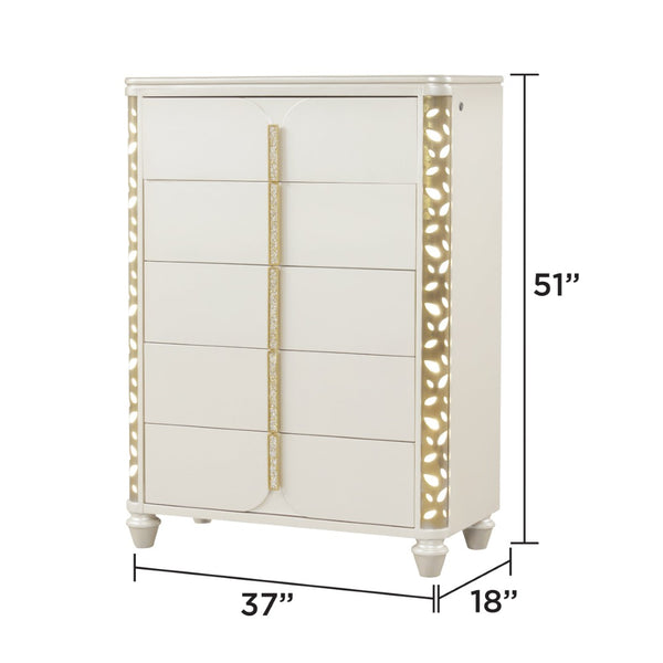 English Elm Cinderella Queen Bedroom Set with Led Lighting Gold Hardware and Beige Upholstered Bed B009S02150