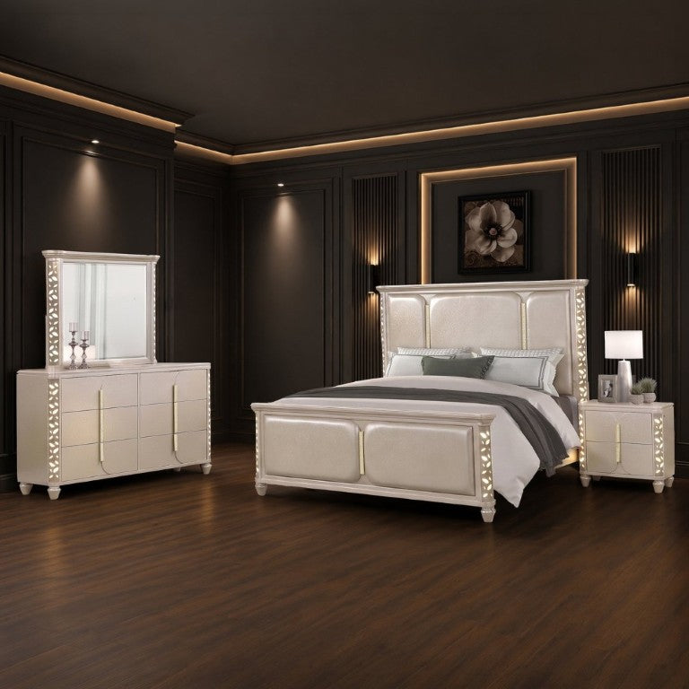 English Elm Cinderella Traditional King Bedroom Set with LED Lighting Upholstered Bed Gold Accents B009S02151