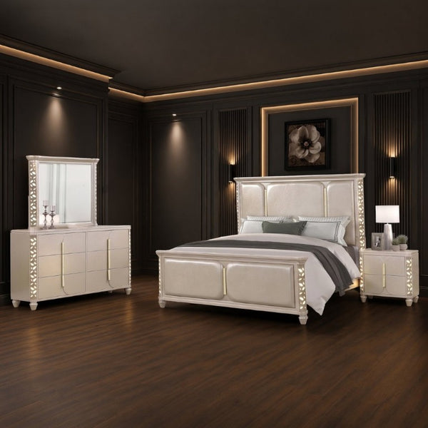 English Elm Cinderella Traditional King Bedroom Set with LED Lighting Upholstered Bed Gold Accents B009S02151
