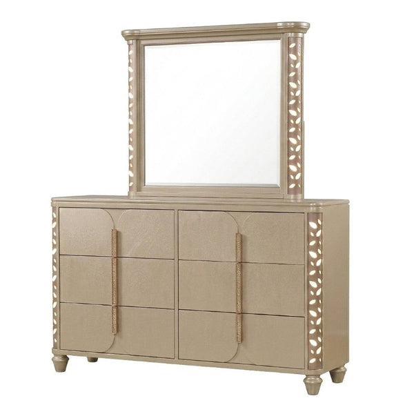 English Elm Cinderella Traditional King Bedroom Set with LED Lighting Upholstered Bed Gold Accents B009S02151