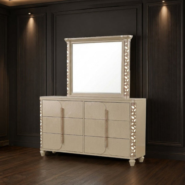English Elm Cinderella Traditional King Bedroom Set with LED Lighting Upholstered Bed Gold Accents B009S02151