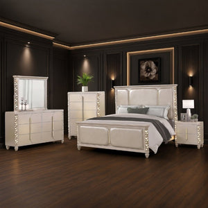 English Elm Cinderella Traditional King Bedroom Set with LED Lighting Gold Accents Beige Fabric B009S02152