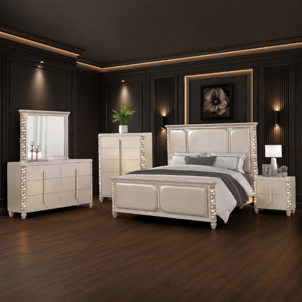 English Elm Cinderella Traditional King Bedroom Set with LED Lighting Gold Accents Beige Fabric B009S02152