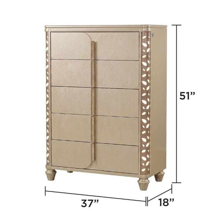 English Elm Cinderella Traditional King Bedroom Set with LED Lighting Gold Accents Beige Fabric B009S02152
