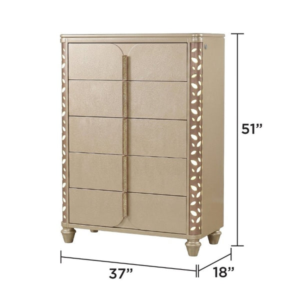 English Elm Cinderella Traditional King Bedroom Set with LED Lighting Gold Accents Beige Fabric B009S02152