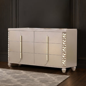 English Elm Cinderella Traditional King Bedroom Set with LED Lighting Gold Accents Beige Fabric B009S02152