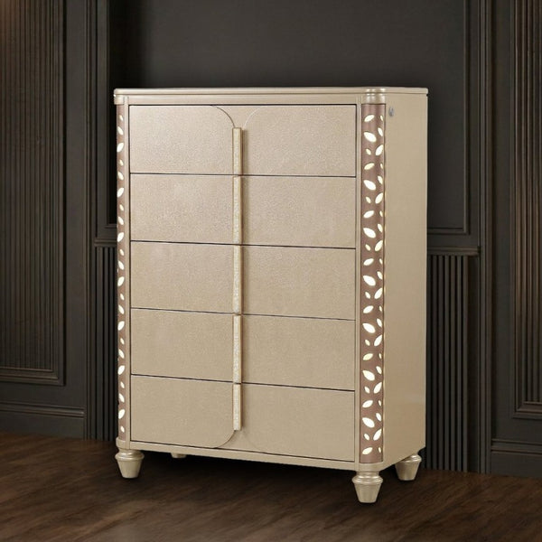 English Elm Cinderella Traditional King Bedroom Set with LED Lighting Gold Accents Beige Fabric B009S02152