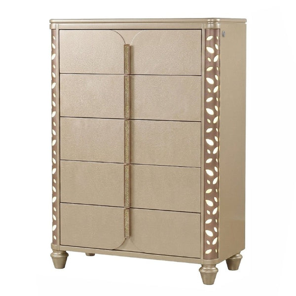 English Elm Cinderella Traditional King Bedroom Set with LED Lighting Gold Accents Beige Fabric B009S02152