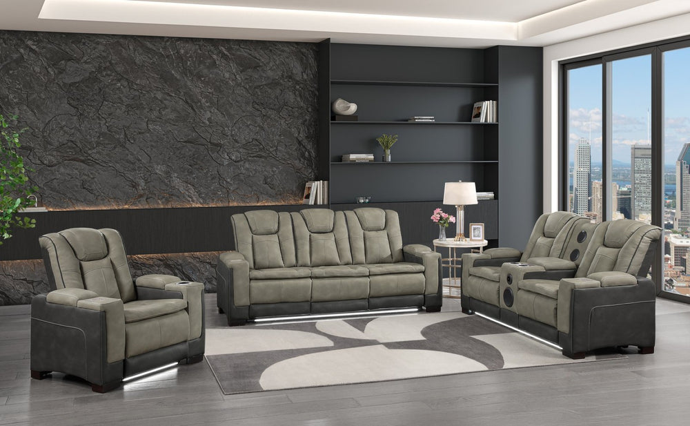 English Elm Bruno Power Reclining Living Room Set with Bluetooth Speakers Led Lighting Faux Leather Gray B009S02154