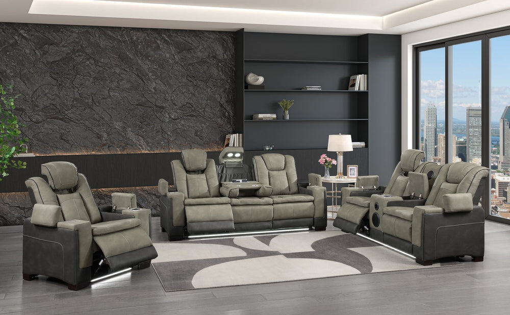 English Elm Bruno Power Reclining Living Room Set with Bluetooth Speakers Led Lighting Faux Leather Gray B009S02154