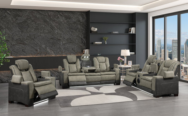 English Elm Bruno Power Reclining Living Room Set with Bluetooth Speakers Led Lighting Faux Leather Gray B009S02154