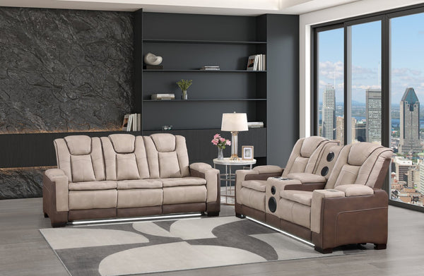 English Elm Bruno Traditional Power Reclining Sofa Set with Led Lighting and Bluetooth Speakers Brown B009S02155