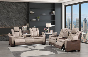 English Elm Bruno Traditional Power Reclining Sofa Set with Led Lighting and Bluetooth Speakers Brown B009S02155