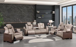 English Elm Bruno Power Reclining Living Room Set with Bluetooth Speakers Led Lighting Faux Leather Brown B009S02156
