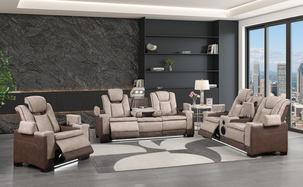 English Elm Bruno Power Reclining Living Room Set with Bluetooth Speakers Led Lighting Faux Leather Brown B009S02156