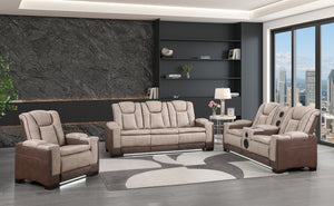 English Elm Bruno Power Reclining Living Room Set with Bluetooth Speakers Led Lighting Faux Leather Brown B009S02156