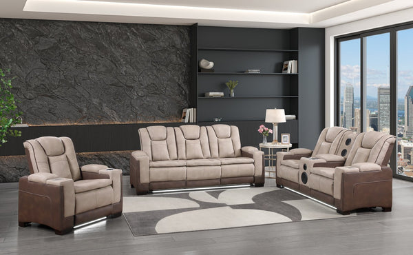 English Elm Bruno Power Reclining Living Room Set with Bluetooth Speakers Led Lighting Faux Leather Brown B009S02156