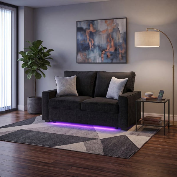English Elm Rita Contemporary Loveseat with LED Base Lighting Textured Fabric and Block Leg Frame B009S02202