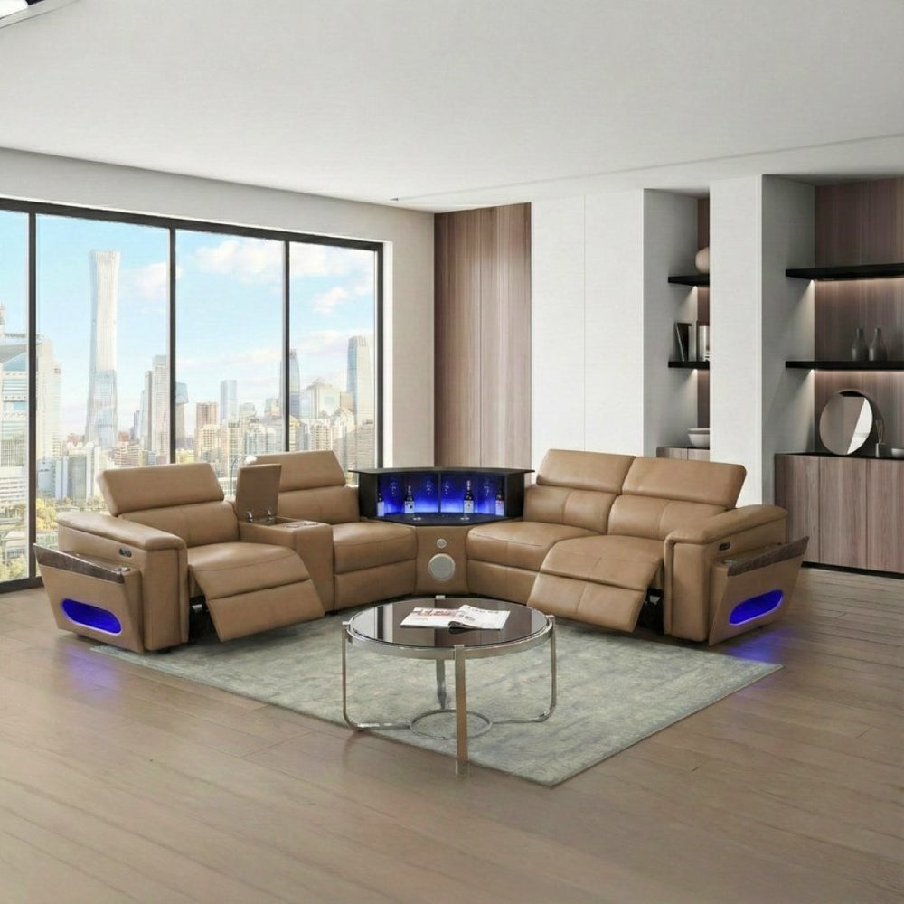 English Elm Nova Caramel Upholstered Sectional with Built-in Reading Light and Center Console B009S02219