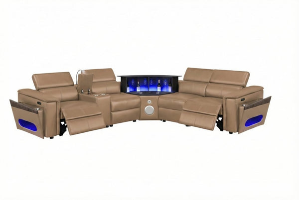 English Elm Nova Caramel Upholstered Sectional with Built-in Reading Light and Center Console B009S02219