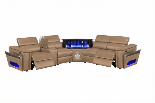 English Elm Nova Caramel Upholstered Sectional with Built-in Reading Light and Center Console B009S02219