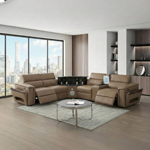 English Elm Nova Caramel Upholstered Modular Sectional with Built-in Fridge for Entertainment B009S02220
