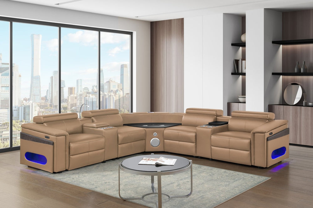 English Elm Nova Caramel Power Reclining Sectional with Bluetooth Speakers Fridge and Led Lighting B009S02221