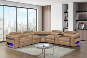 English Elm Nova Caramel Power Reclining Sectional with Bluetooth Speakers Fridge and Led Lighting B009S02221