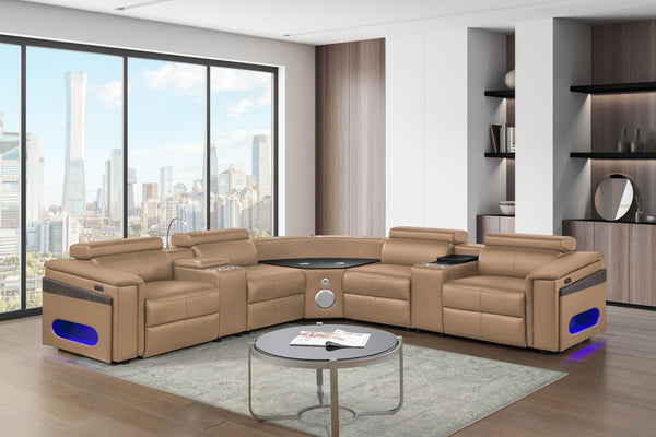 English Elm Nova Caramel Power Reclining Sectional with Bluetooth Speakers Fridge and Led Lighting B009S02221
