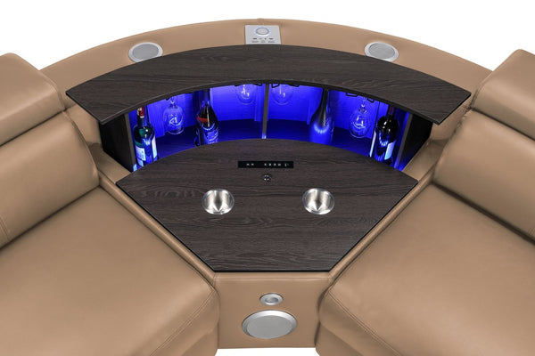 English Elm Nova Caramel Power Reclining Sectional with Bluetooth Speakers Fridge and Led Lighting B009S02221