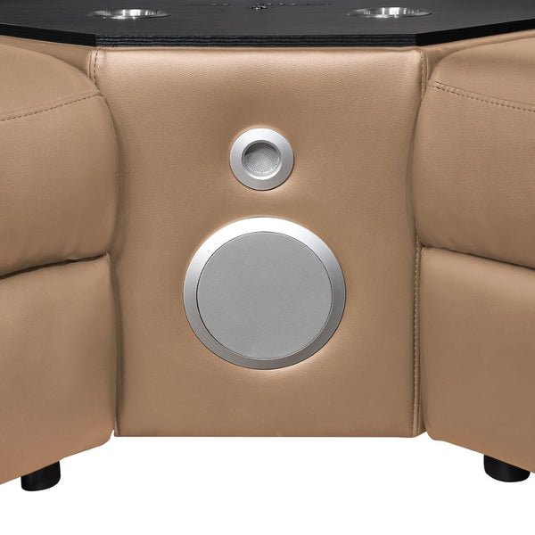 English Elm Nova Caramel Power Reclining Sectional with Bluetooth Speakers Fridge and Led Lighting B009S02221