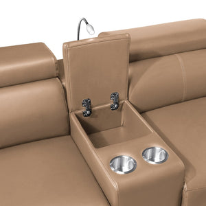 English Elm Nova Caramel Power Reclining Sectional with Bluetooth Speakers Fridge and Led Lighting B009S02221