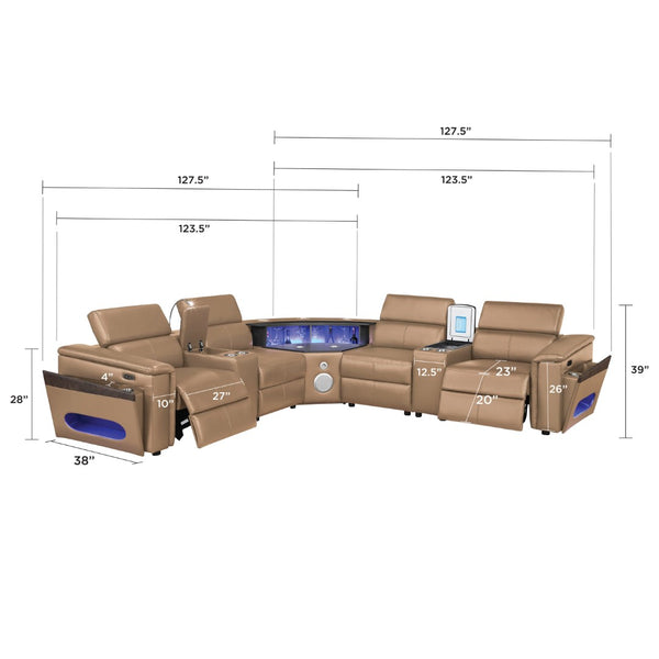 English Elm Nova Caramel Power Reclining Sectional with Bluetooth Speakers Fridge and Led Lighting B009S02221